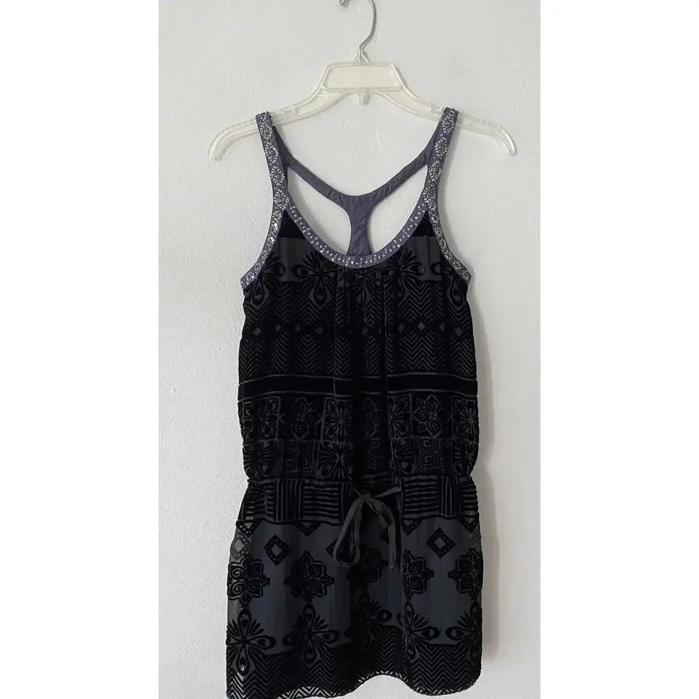 Free People FP Size 2 Black Velvet Burnout Tunic Top‎ Sequin Trim Dark Romantic